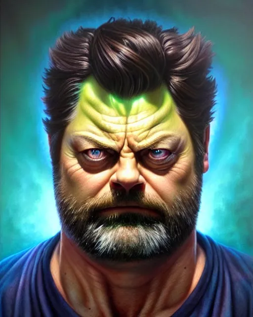 Image similar to detailed portrait of nick offerman as hulk! by tomasz alen kopera and peter mohrbacher and johanna martine! and margaret keane! coherent luminescent