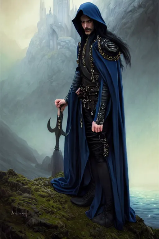 Image similar to handsome male fighting a giant, long black hair blue eyes wearing cloth mantle gothic navy cloak with leather details, cliffside town, fantasy character portrait, ultrarealistic, intricate details, elegant, cinematic lighting, highly detailed, artstation, dnd art, cgsociety, sharp focus, beautiful digital painting by artgerm, gerald brom, wlop, alphonse mucha