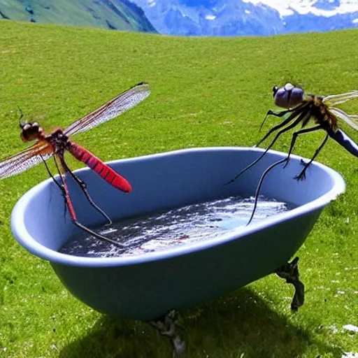 Image similar to dragonfly in a bathtub in the alps, goat!!!!! in background