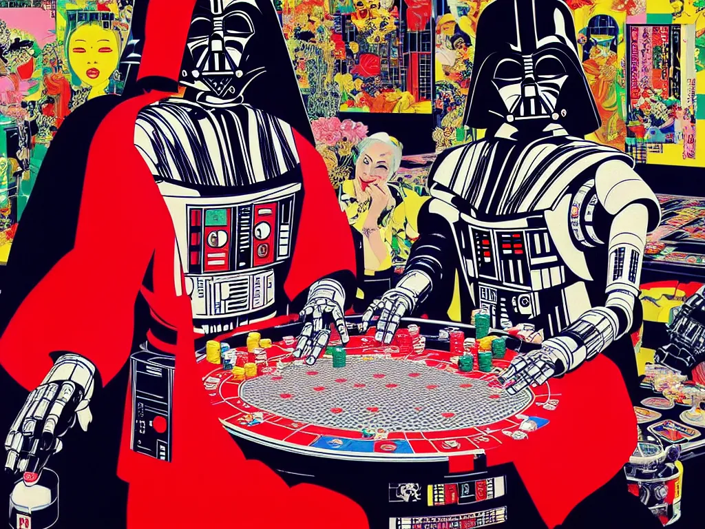 Image similar to hyperrealistic composition of the detailed woman in a japanese kimono with a ( ( c 3 p 0 ) robot head sitting at a extremely detailed poker table with darth vader, fireworks, mountain fuji on the background, pop - art style, jacky tsai style, andy warhol style, acrylic on canvas