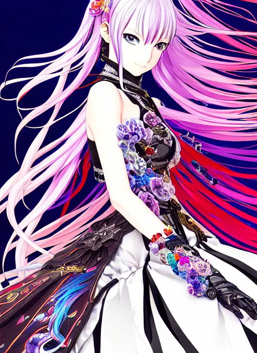 Image similar to highly detailed shigenori soejima artstation anime poster of girl mechine, long hair, armor, dress, laces, ruffles, 8 k, rainbow gradient bloom, maximalist, takeshi obata, artgerm, alphonse mucha