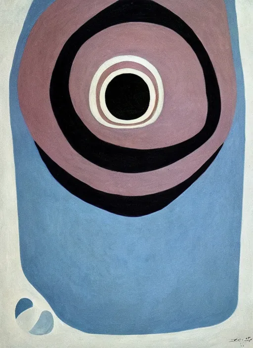 Prompt: abstract alien eyeball with minimalistic and aesthetic geometric shapes and patterns, muted color palette, symmetric, symbolist, abstract, spiritual art painting by Hilma At Klint