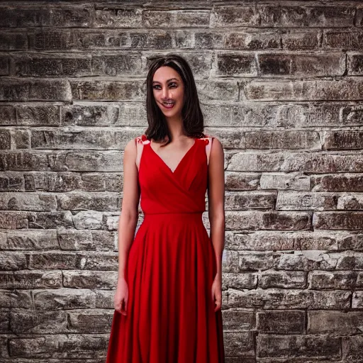 Image similar to Stunning studio photograph of Gal Godot in a red dress smiling slightly for the camera, XF IQ4, f/1.4, ISO 200, 1/160s, 8K, RAW, unedited, symmetrical balance, in-frame, sharpened