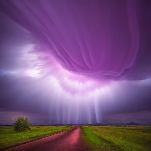 Image similar to amazing photo of a purple clouds in the shape of a tornado by marc adamus, digital art, beautiful dramatic lighting