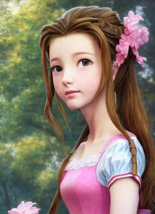 Prompt: elegant Aerith Gainsborough looks intently at you in wonder, dressed in school uniform. ultra detailed painting at 16K resolution and epic visuals. epically surreally beautiful image. amazing effect, image looks crazily crisp as far as it's visual fidelity goes, absolutely outstanding. vivid clarity. ultra. iridescent. mind-breaking. mega-beautiful pencil shadowing. beautiful face. Ultra High Definition. process twice.