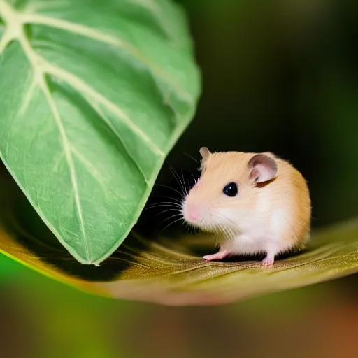 Image similar to a very tiny dwarf hamster eating a large tropical leaf, realistic, depth of field, bokeh blur, studio lighting, detailed, 4 k ultra hd