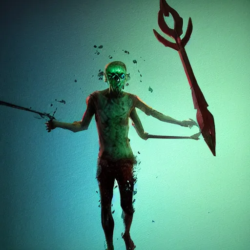 Image similar to low poly painting by greg rutkowski of a drowned zombie holding a trident with glowing cyan eyes, wearing ragged clothing, holding a trident, underwater, pastel green and blue color palette