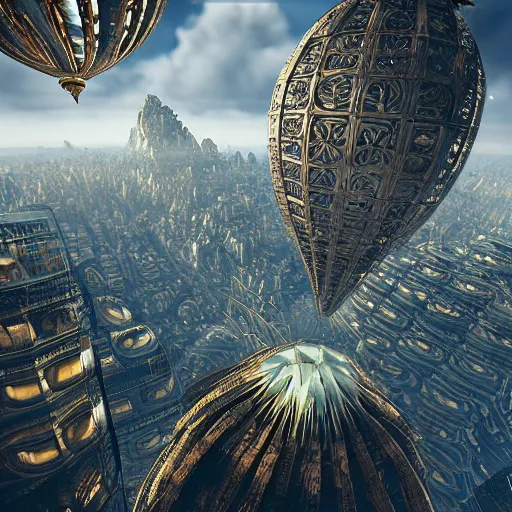 Image similar to enormous flying city in a faberge egg, sky, steampunk, fantasy art, masterpiece, unreal engine, hugh ferriss