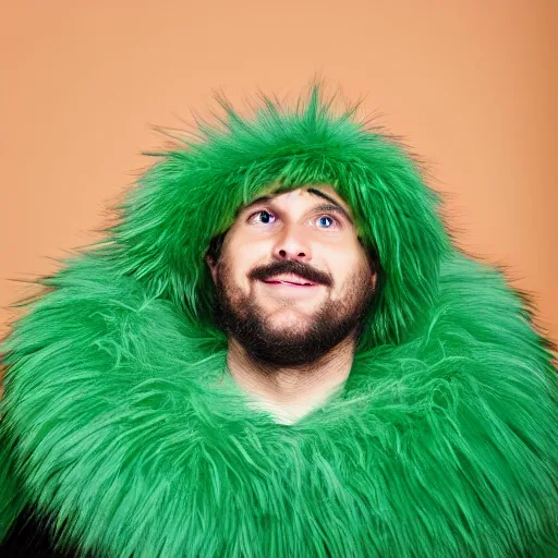 Image similar to a man in a furry avocado costume, portrait photography, close up, sigma 8 5 mm