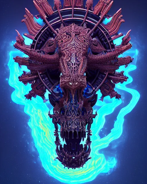 Image similar to 3 d ornate carved dark cosmic horse withfull body, sigma 5 0 0 mm f / 5. beautiful intricate highly detailed quetzalcoatl skull. bioluminescent, plasma, lava, ice, water, wind, creature, thunderstorm! artwork by tooth wu and wlop and beeple and greg rutkowski, 8 k trending on artstation