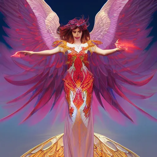 Image similar to a beautiful orchid phoenix angel woman, in an ornamented dress with large wings, volumetric light, god rays, 8 k high resolution, rubies, by greg rutkowski, artgerm, alphonse mucha