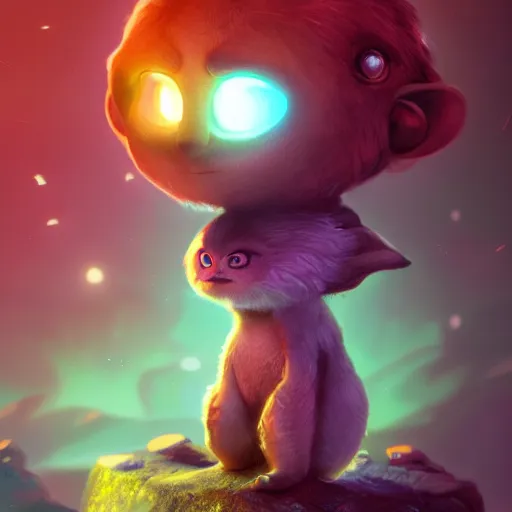 Image similar to adorable glowing creature, trending on artstation, cute, big eyes, concept art, pixar, disney, highly detailed, cinematic composition, unreal engine, 3 d rendered in octane, fantasy planet