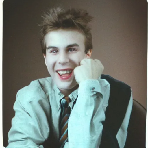 Image similar to a color photograph of a very handsome young guy in 1 9 8 8, he is at college and being silly