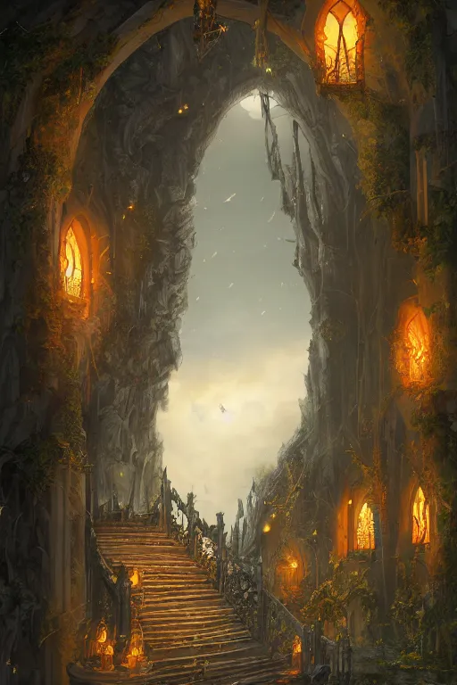 Prompt: matte painting of stone steps fantasy leading do a gothic doorway swung open, artstation by emilia dziubak, will terry, greg olsen, chris mars, ann long, and mark brooks, gret ritkowski dramatic, evening fireflies, architecture, colorful clean and sharp glossy, warcraft architecture