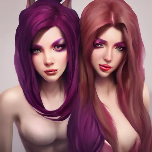 Prompt: xayah and kai'sa, pretty girls, best friends, hyperrealistic, trending on artstation