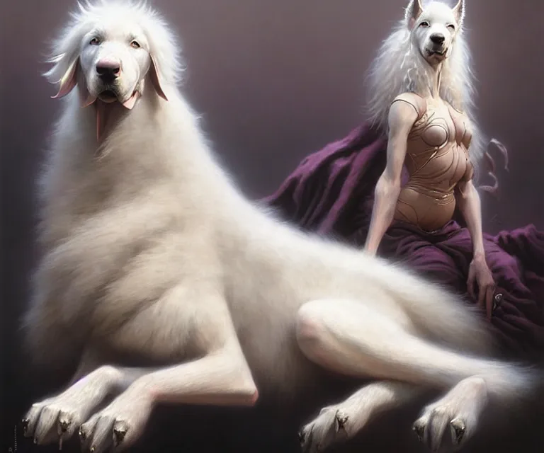 Prompt: beautiful fantasy character portrait of a maremma dog, extra long fur, laying down, ultra realistic, dramatic lighting, the fifth element artifacts, highly detailed by peter mohrbacher, hajime sorayama, wayne barlowe, boris vallejo, aaron horkey, gaston bussiere, craig mullins