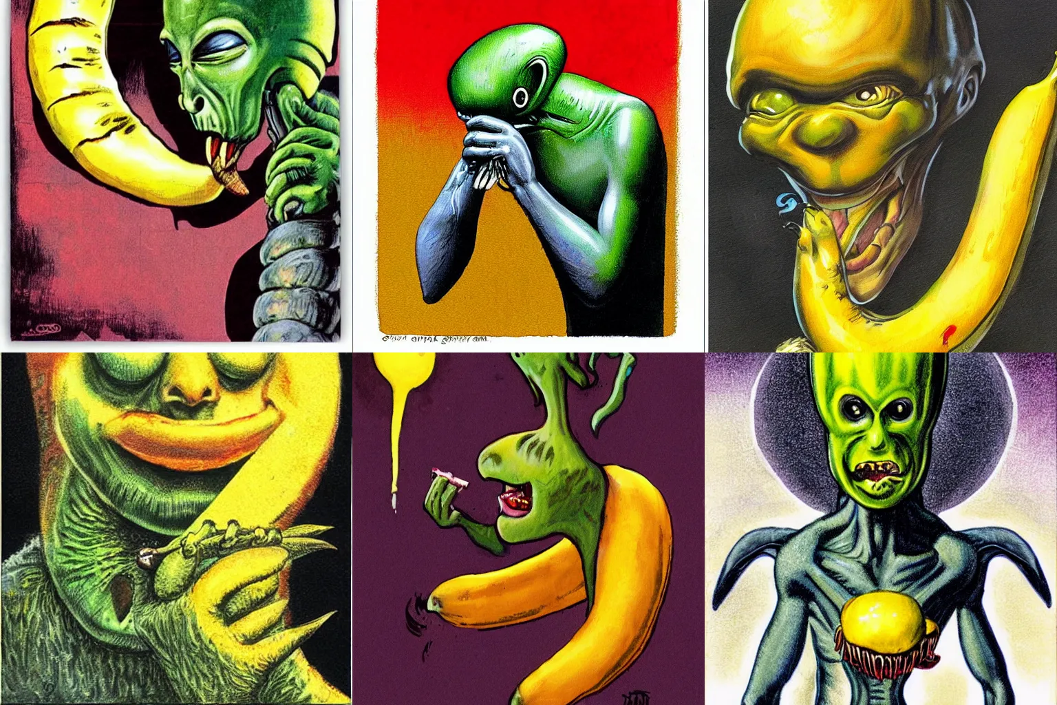 Prompt: illustration of strieber grey alien eating a banana by Basil Gogos