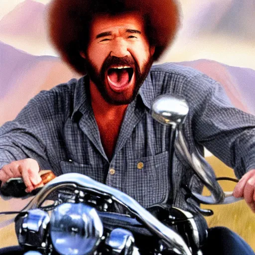 Image similar to bob ross screaming on motorcycle