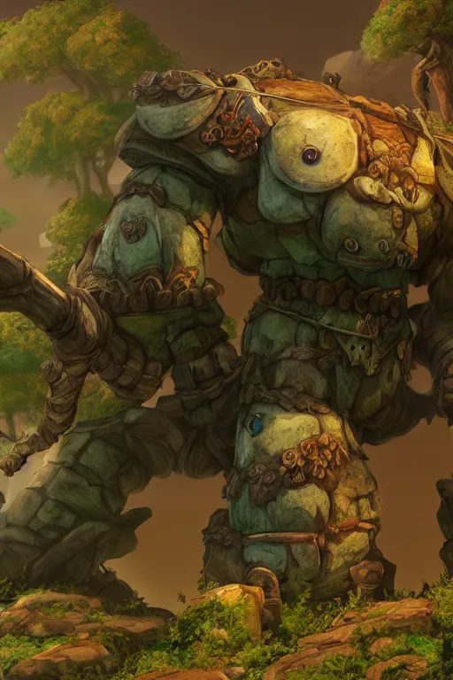 Image similar to zelda fantasy art giant golem troll wood rock greeble gemstone, global illumination ray tracing hdr fanart arstation by sung choi and eric pfeiffer and gabriel garza and casper konefal