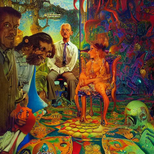 Prompt: don juan's psychedelic trip in the 1 2 th dimension turned inside out of being, extremely high details quality, norman rockwell, viktor safonkin, dariusz zawadzki, bruce pennington, larry elmore, intricate details, hyperrealistic oil painting on canvas, deep depth field