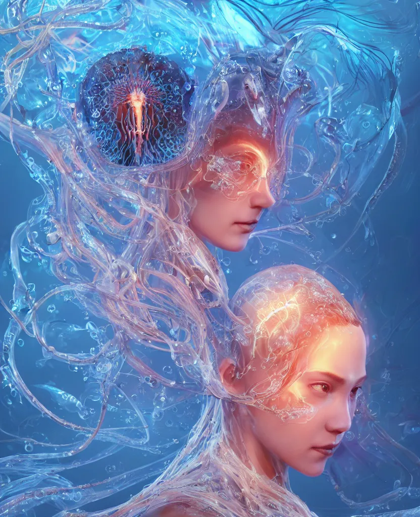 Image similar to close-up macro portrait of the face of a beautiful princess, epic angle and pose, symmetrical artwork, 3d with depth of field, blurred background, cybernetic jellyfish female face skull phoenix bird, translucent, nautilus, energy flows of water and fire. a highly detailed epic cinematic concept art CG render. made in Maya, Blender and Photoshop, octane render, excellent composition, cinematic dystopian brutalist atmosphere, dynamic dramatic cinematic lighting, aesthetic, very inspirational, arthouse. y Greg Rutkowski, Ilya Kuvshinov, WLOP, Stanley Artgerm Lau, Ruan Jia and Fenghua Zhong