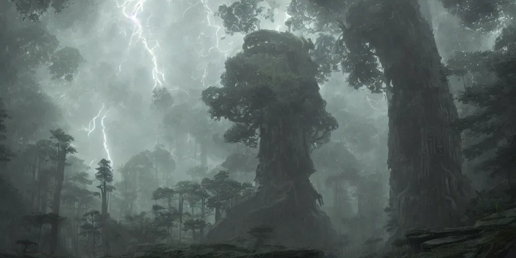 Image similar to An colossus towers above a forest canopy, stormy sky, lightning, digital art by Greg Rutkowski and Studio Ghibli, Shadow of the Colossus