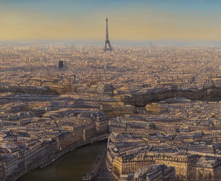 Image similar to 4 k hd, high detail panoramic painting of paris, wide shot, consistent, volumetric lighting, high level texture render, matte painting, peter elson, trending on artstation