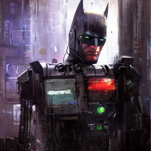 Image similar to cyberpunk robot batman painted by jeremy mann