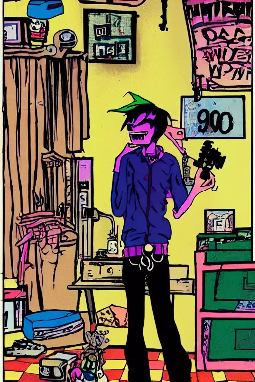 Image similar to a skinny goth guy standing in a cluttered 9 0 s bedroom by jamie hewlett, jamie hewlett art, full body character concept art, vaporwave colors,