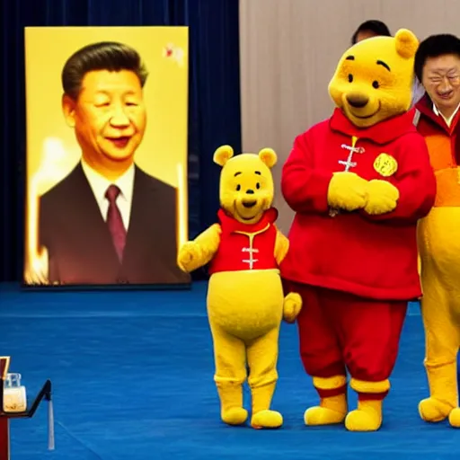 Image similar to Xi Jingping doing a speech dressed as Winnie the Pooh