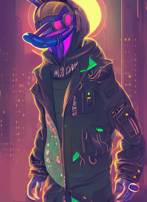 Image similar to beautiful portrait commission of a male furry anthro dolphin fursona wearing cyberpunk skater clothes. Cyberpunk city at night