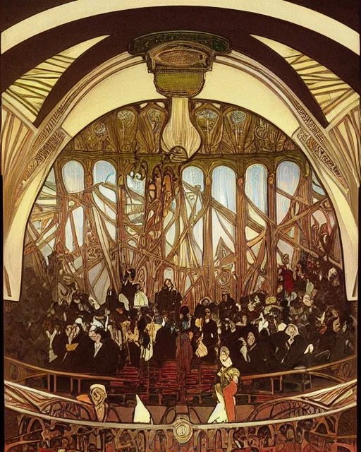 Prompt: painting alphonse mucha, interior of the opera house, view from the hall with a singer in a white dress on a lighted stage with an orchestra and audience in the hall, soft cinematic lighting, pastel color palette
