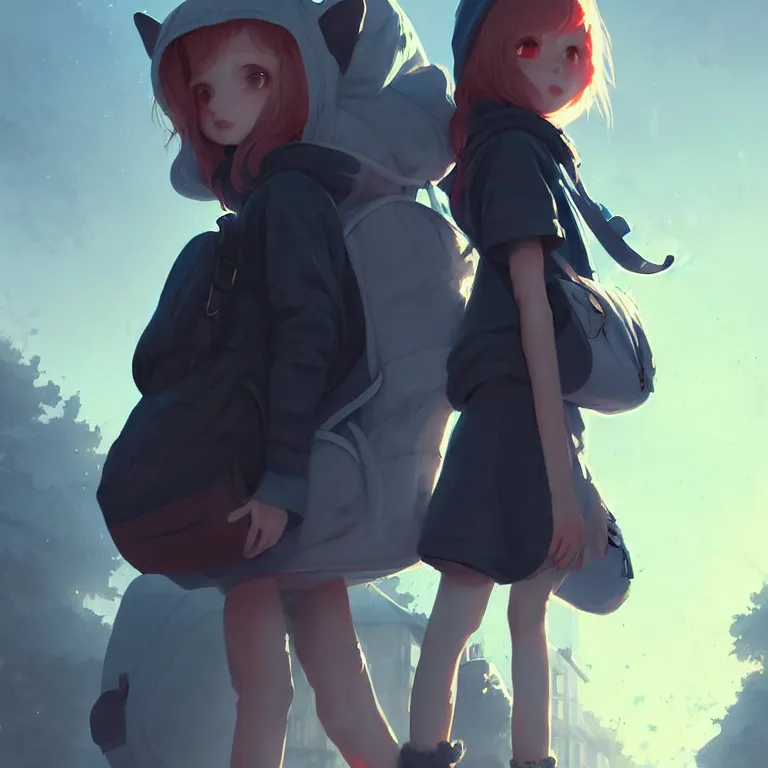 Image similar to cute young girl, wearing oversized hoodie, backpack, holding hands with a towering demonic beast, apocalyptic setting, bokeh, sharp focus, character art, illustration, digital painting, trending on artstation, by masamune shirow, by greg rutkowski.