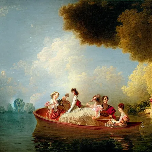 Prompt: dreadful by jean - honore fragonard pride prejudice. the conceptual art of a group of well - dressed women & children enjoying a leisurely boat ride on a calm day. the women are chatting & laughing while the children play with a toy boat in the foreground.