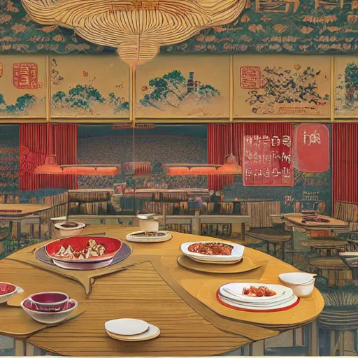 Image similar to a beautiful hyperdetailed interior 4 k hd wallpaper illustration of roasted string hotpot restaurant restaurant yan'an, wall corner, simple style, wall painting, from china, with merchant logo, simple structure, surrealistic, chinese style, victo ngai
