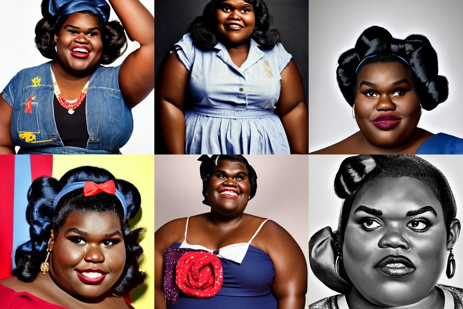 Prompt: Gabourey Sidibe as Rosie the Riveter as a proud black woman portrait smiling maximum