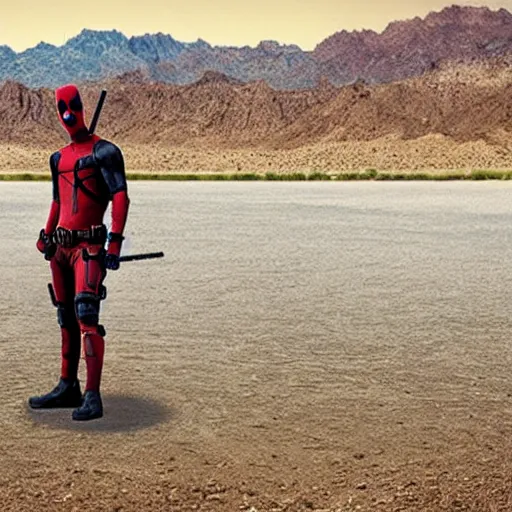 Image similar to deadpool sticking his head out of empty drained lake mead, with the words lake mead written across the top, in comic book style