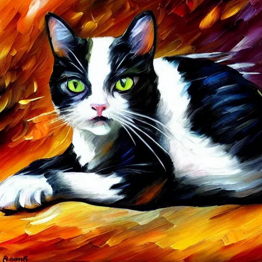 Prompt: painting of a black and white cat wearing a lab coat by Leonid Afremov