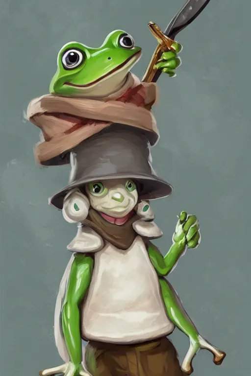 Image similar to cute anthropomorphic frog wearing a white butcher coat with a butcher hat and holding a cleaver knife ,tiny, small, miniature frog, baby animal, short, pale blue armor, cute and adorable, pretty, beautiful, DnD character art portrait, matte fantasy painting, cgsociety Artstation, by Jason Felix by Steve Argyle by Tyler Jacobson by Peter Mohrbacher, cinematic lighting