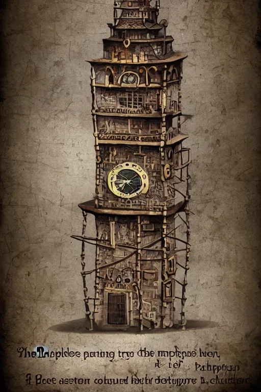 Prompt: the impossible clock tower on the top of a mountain, tower, building, steampunk, papyrus, parchment