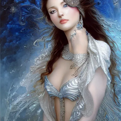 Image similar to a beautiful woman wearing a white dress made of silver with jewelry and diamonds by karol bak, ayami kojima, artgerm, sakimichan, arabian beauty, blue eyes, smile, concept art, fantasy