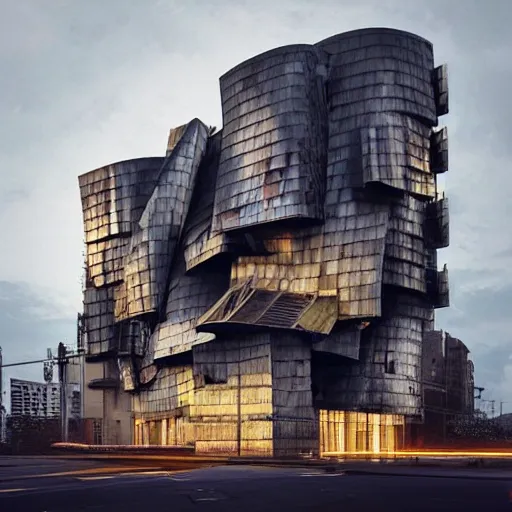 Image similar to “derelict architecture buildings, building designed by architect Frank Gehry, architecture digest, building surrounded in a luxurious environment, modern tones, fluorescent lighting,volumetric Lighting, cyber punk, photorealism, high detail, golden ratio, cinematic, octane renderer”