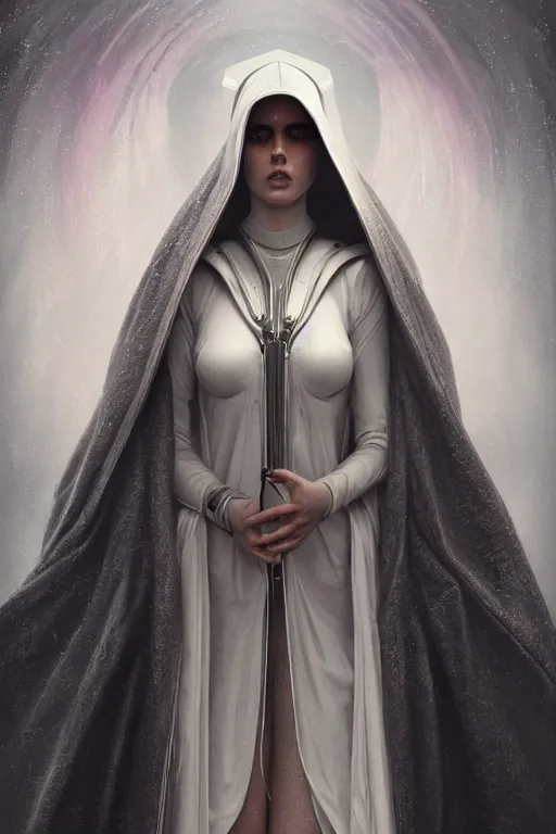 Image similar to ultra realist and ultra intricate detailed soft painting of a beautiful slim curvy female cybernun in long religious dress, thin lustrous auburn hair, symmetry features, sensual gloomy style, soft painting, volumetric clouds, cyberpunk background, artstation, Tom Bagshaw artstyle, unreal render, depth of field