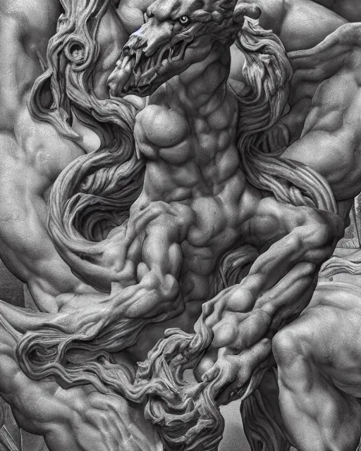 Image similar to an old marble statue of a hydra from herculean myths, hyper realistic, 4 k, grainy marble, hyper detailed