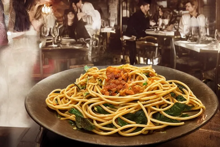 Image similar to magical restaurant serving tentacle-spaghetti to wizards