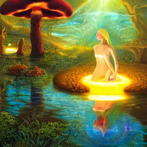 Image similar to goddess of mushrooms bathing in the glowing lake, fantasy painting