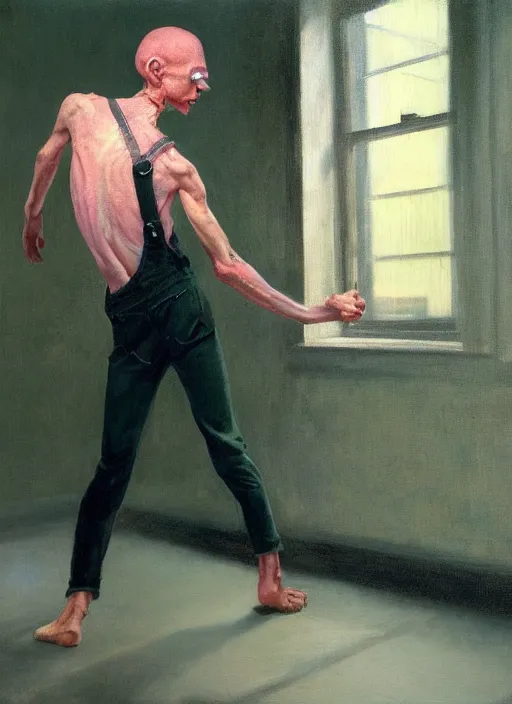 Image similar to an expressive skinny artist wearing overalls physically fighting with a ghost, inside a grand studio, depth of field, hauntingly surreal, highly detailed oil painting, by francis bacon, edward hopper, adrian ghenie, glenn brown, soft light 4 k, green and pink colour palette, cinematic composition, cinematic lighting, high quality octane render, masterpiece