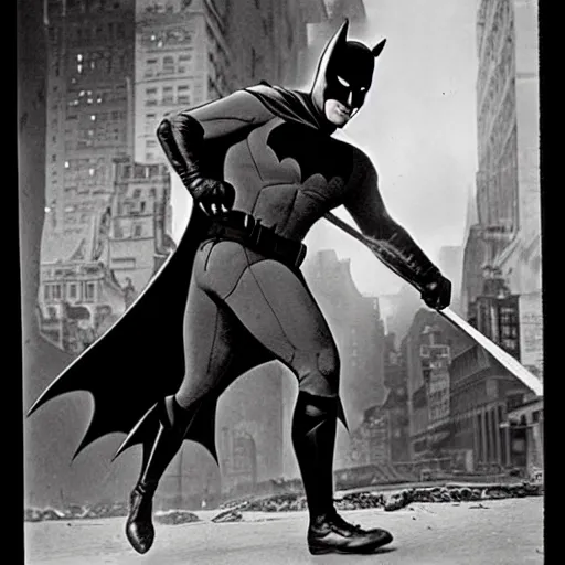 Prompt: old black and white photo, 1 9 1 3, depicting batman fighting a bad guy in an ally of new york city, rule of thirds, historical record