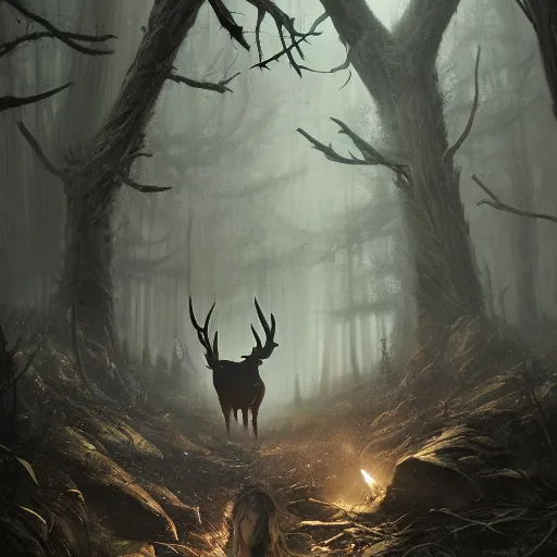 Prompt: anthropomorphic human deer monster in a dark moonlif forest, horror, highly detailed, by Greg Rutkowski, trending on artstation, 4k