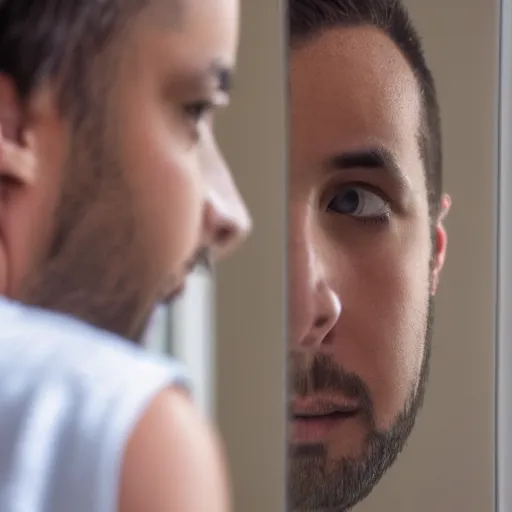 Prompt: a young man looks at an old reflection of himself
